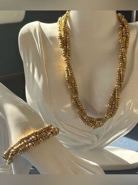 NAPIER Signed Triple Strand, Gold Tone Textured Ball Bead Necklace Bracelet Set
